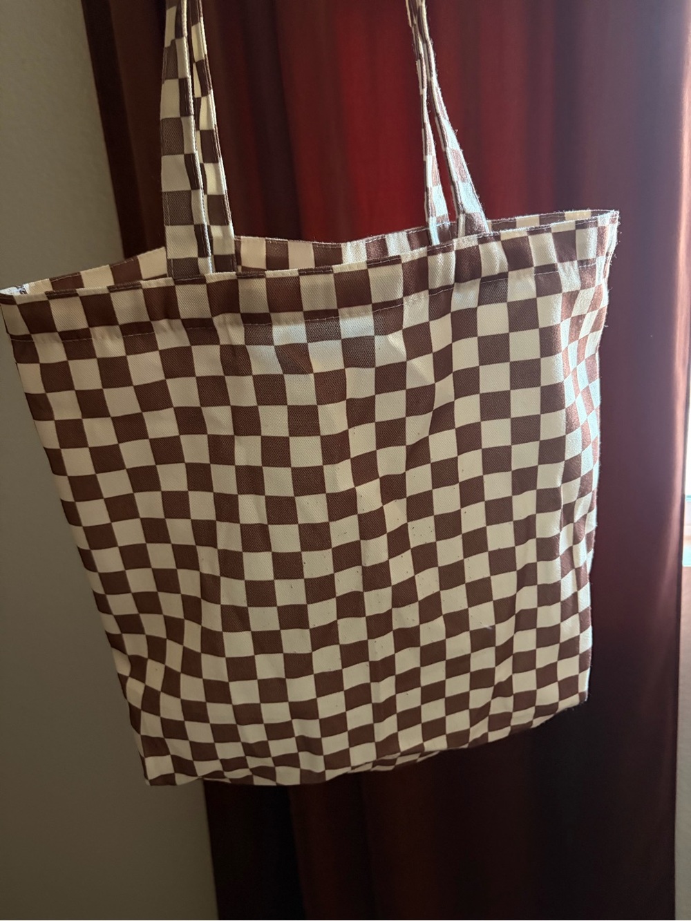 Checkerboard Canvas Tote Bag in Brown and Cream